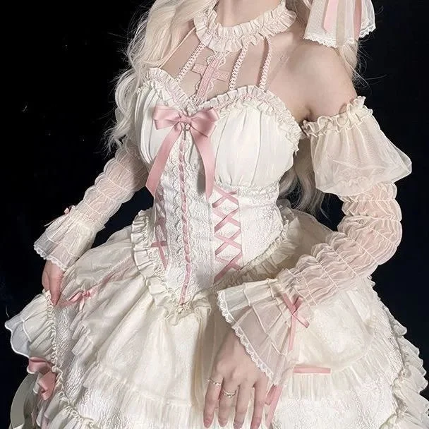 

Lolita Costumes Japanese Sweet Kawaii Jsk Lolita Dresses Women Victorian Gothic Cartoon Sleeveless Bow Lace Princess Tea Party