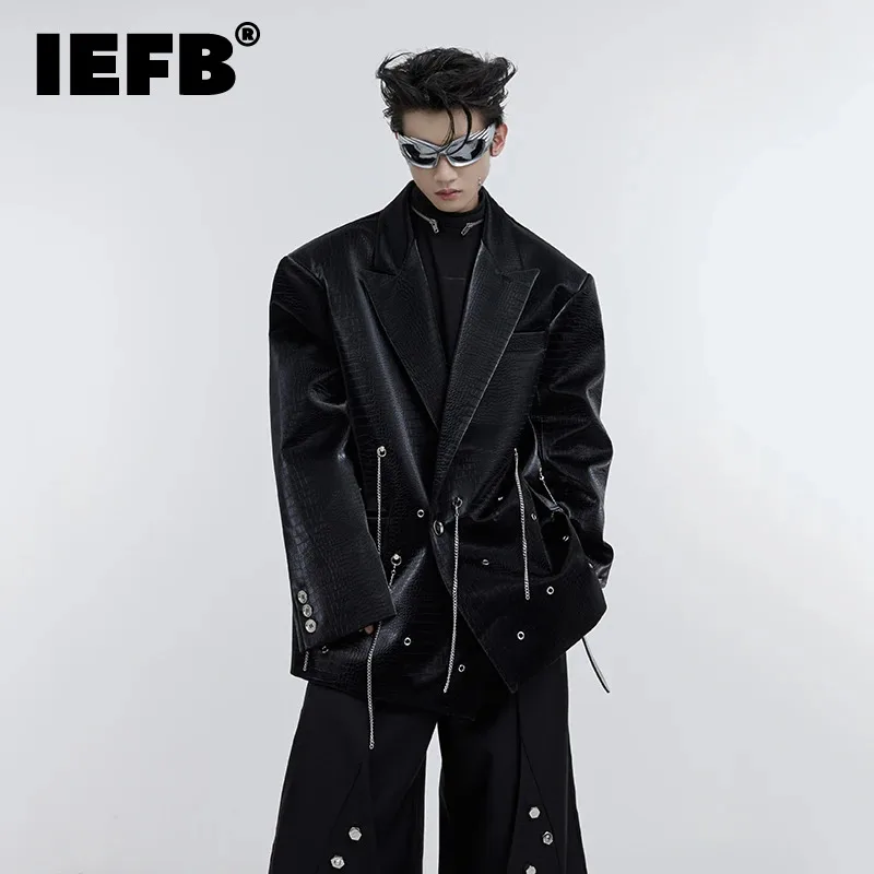 

IEFB Trend Men's Blazers Niche Design Silhouette Suit Coat Dark High Street Metal Tassel PU Leather Jackets Fashion New 9C3232