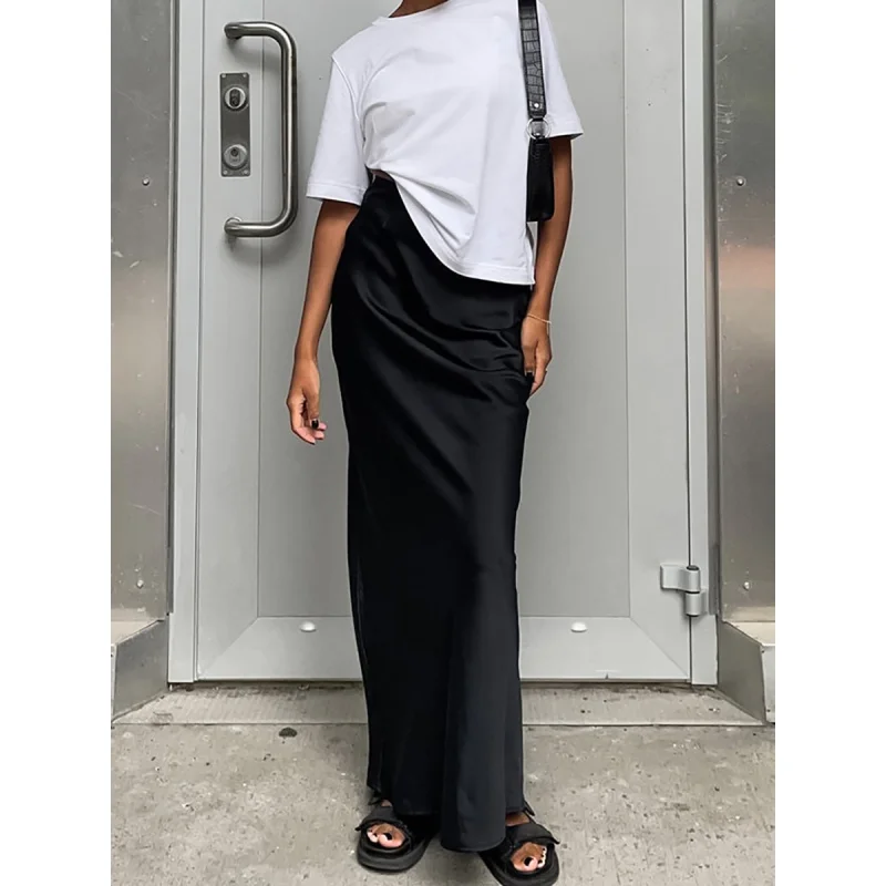 2024 Spring Commuter Acetate Black High Waist Skirt Women's Temperament Waist-Controlled French Fishtail Skirt Ankle-Length Dres