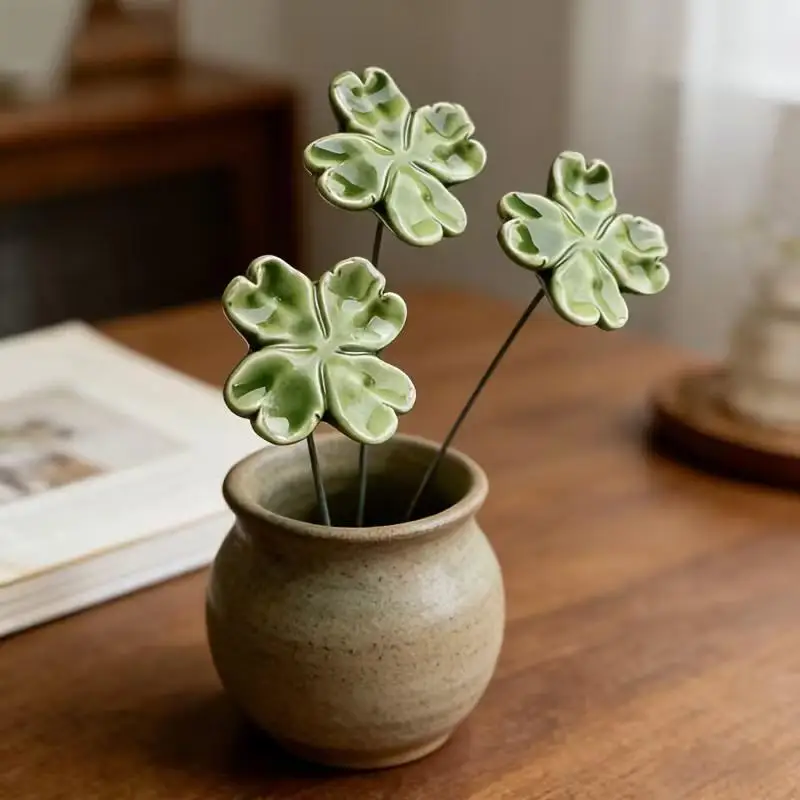 Four-Leaf Clover Eternal Ceramic Flowers - Symbol of Luck, Hope, Faith & Love Home Decor