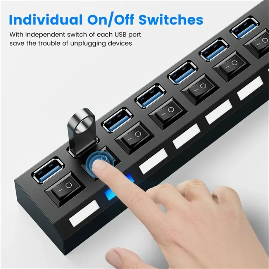 USB 2.0 Hub Multi USB Splitter Hub Use Power Adapter 7 Port Multiple Expander 2.0 USB Hub with Switch For PC