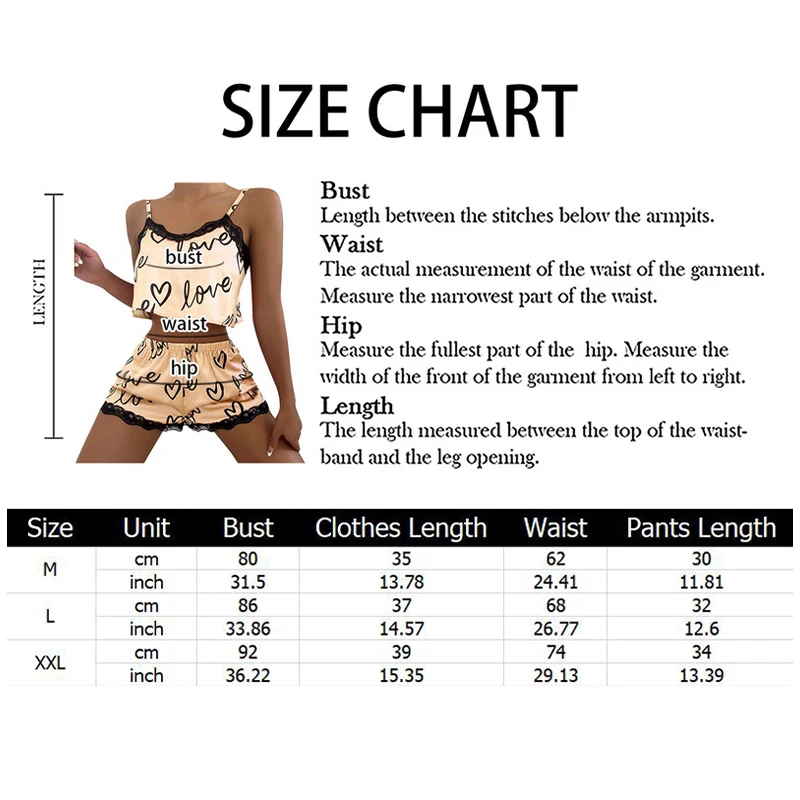 2pcs/set Pajama Suit for Women Sexy Cute V-Neck Lace Love Heart Printed Suspenders Tops Shorts Nighty Sleepwear Homewear Set