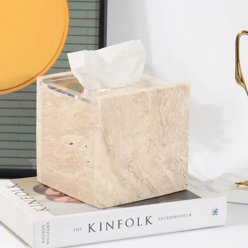 Rectangle and Square Natural Marble Tissue Box Vintage Beige Travertine Stone Storage Organization Case 3