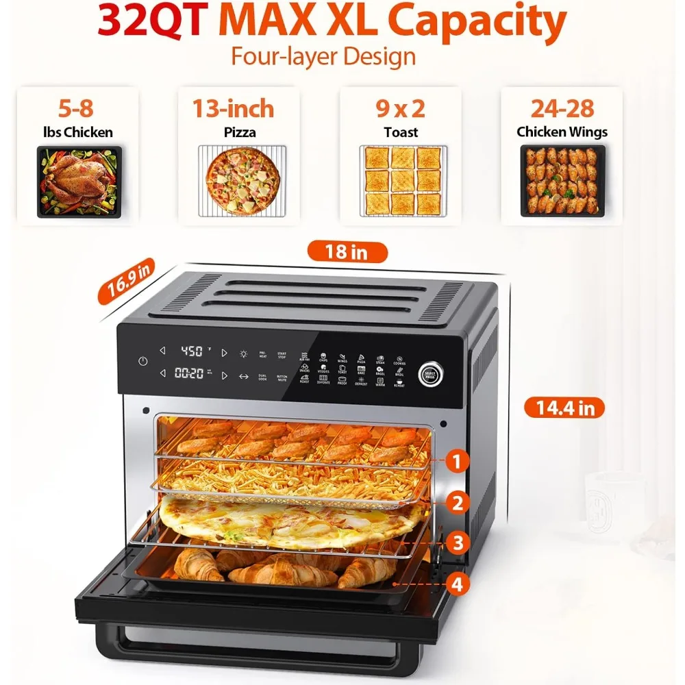 32-Quart PRO Large Air Fryer Oven| Toaster Oven Combo，with Rotisserie, Dehydrator and Full Accessories, 9pcs Toast, 1800w, Black 2