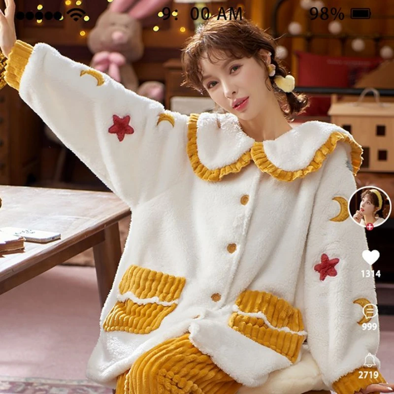 Sleepwear Women Autumn Winter Warm Pajama Sets Flannele Long Sleeve Kawaii Clothing Thick Nightwear Korean Chic Pant Homewear