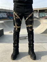 Jean vintage délavé et déchiré pour homme, avec sangle décorative amovible, fermeture éclair latérale, style streetwear Y2K, pantalon tactique hip-hop en denim. 2