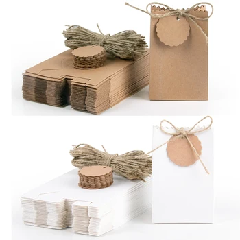 Boîte-cadeau rétro en papier Kraft, 10 à 30 pièces, sac d'emballage de bonbons pour biscuits blancs et bruns avec étiquettes en corde, fournitures cadeaux pour fête d'anniversaire et de mariage 1