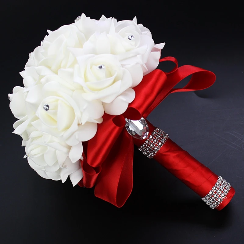 Elegant Artificial Rose Bridal Bouquet with Satin Ribbon Handle for Wedding Ceremony Decoration and Bridesmaid Gift
