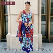 2022 Summer New Women's Round Neck Map Print Dress Miyak folds Fashion Plus Size Long Tank Top Dress