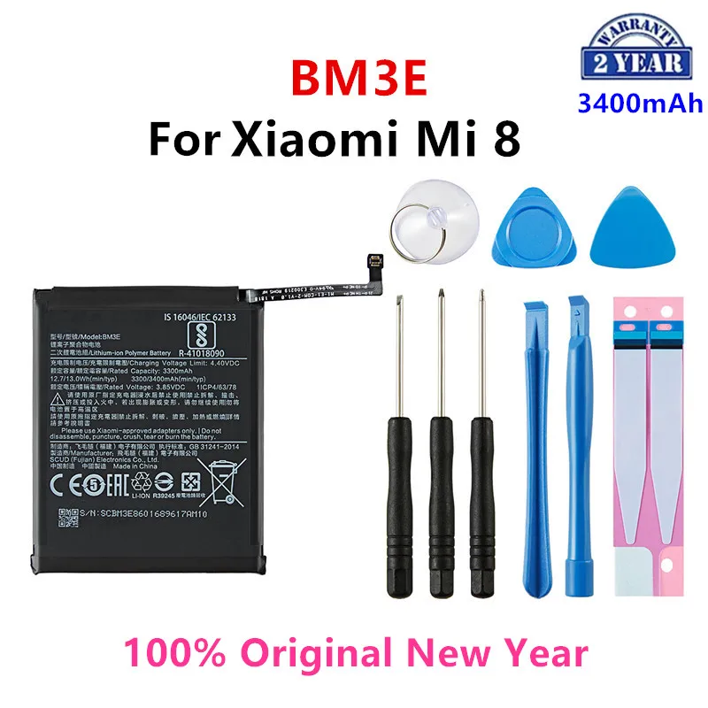 

100% Orginal BM3E 3400mAh Battery For Xiaomi Mi 8 Mi8 M8 BM3E High Quality Phone Replacement Batteries +Tools