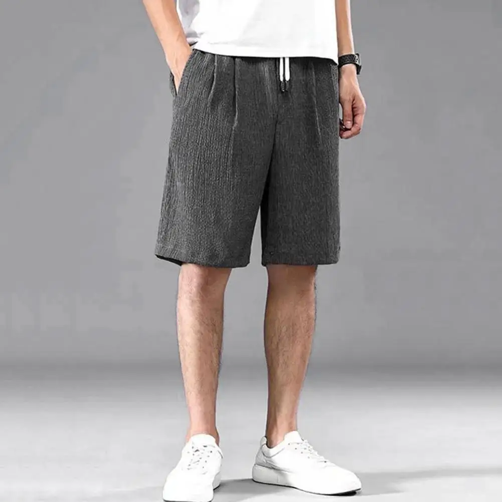Description Picture 6 of itemSummer Men Shorts Mid-rise Elastic Drawstring Waist Shorts Solid Color Thin Quick Drying Ice Silk Short Pants For Daily Wear