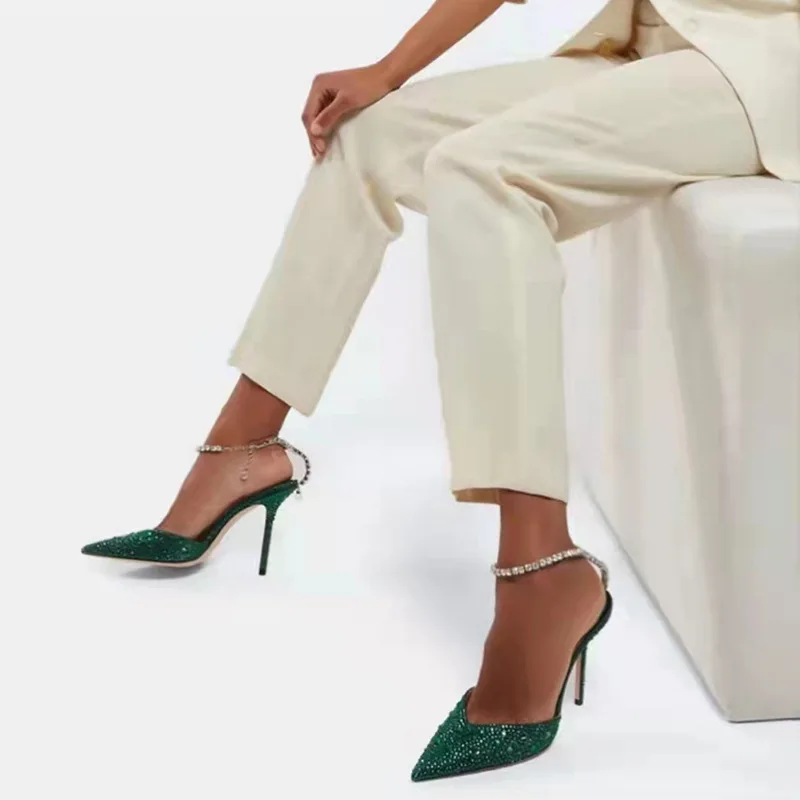

UVRCOS Newest Pointed Toe Rhinestones Wedding Heels Sexy Ankle Strap Thin Heels Pumps Women Cutouts Crystal Dress Shoes