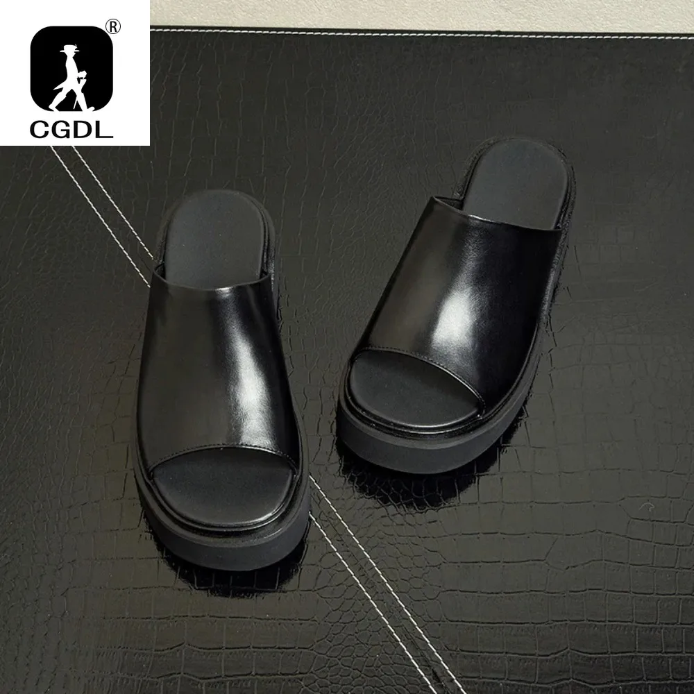 6CM High Heel Mens Casual Leather Slippers Luxury Handmade Genuine Leather Outdoor Fashion Platform Summer Party Sandals Man