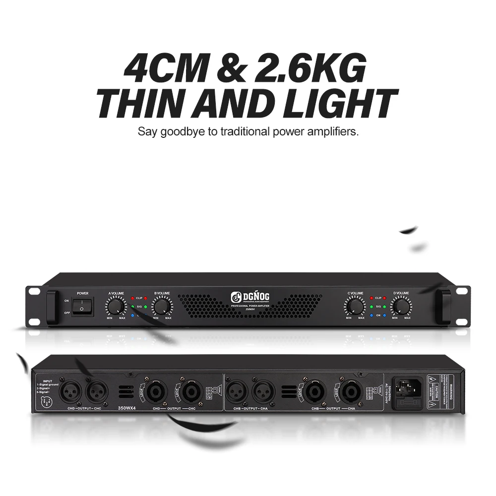 DJ Power Amplifier 4 Channel Lightweight Amplifier 1U 8 Ohm 200W 4 Ohm 350W Suitable for Small Stage Performance Karaoke DGNOG audio power amplifier