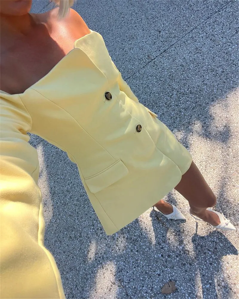 Off-shoulder Strapless Sexy Blazer Dress For Women Fashion Solid Zipper Two Pocket Long Sleeve Backless Mini Dress