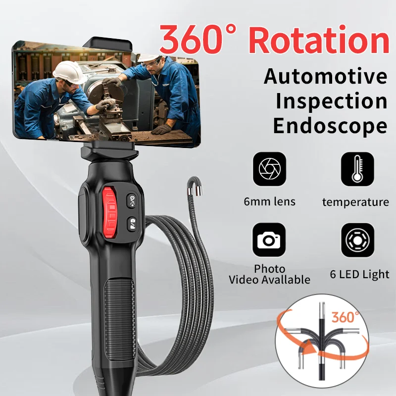 360 °   회전식 자동차 내시경 6mm 렌즈, 6개 LED 조명이 있는 관절형 내시경, 자동차 엔진 검사용