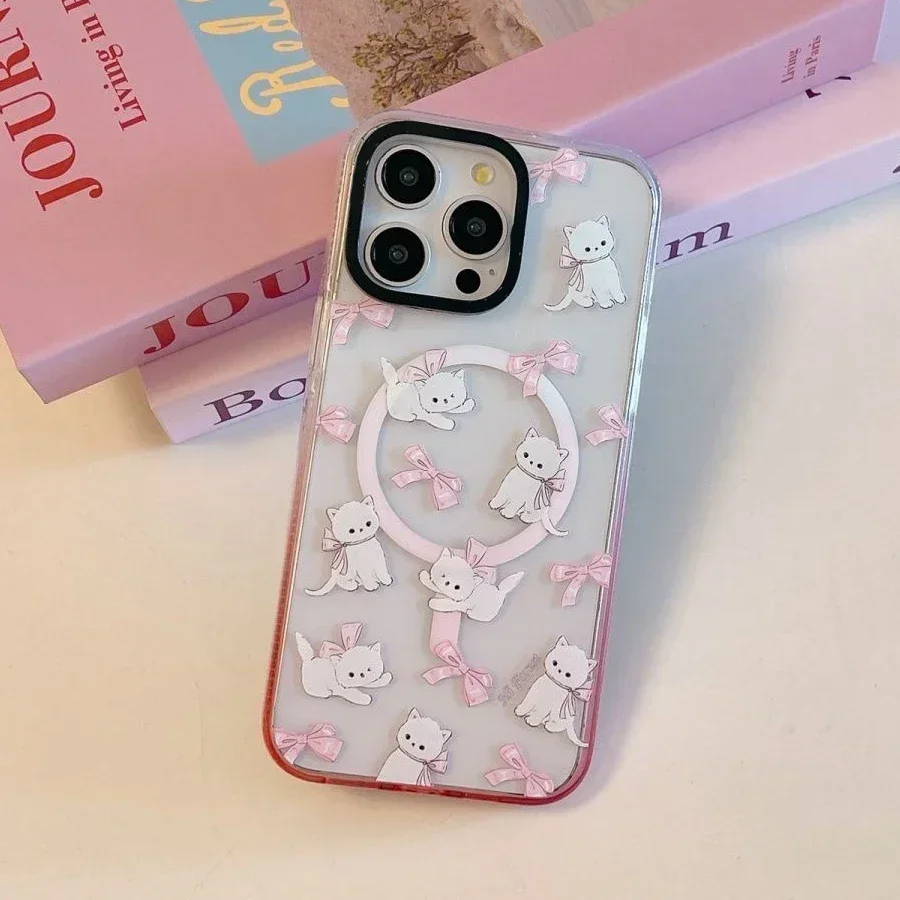 

Swan Bowknot Pink Gradient Transparent Border iPhone 13 14 15 Pro Max Case with MagSafe