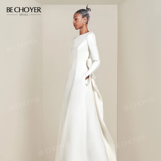 Long Sleeve A-Line Wedding Dress 2025 Chic Bow Backless Bride Gown