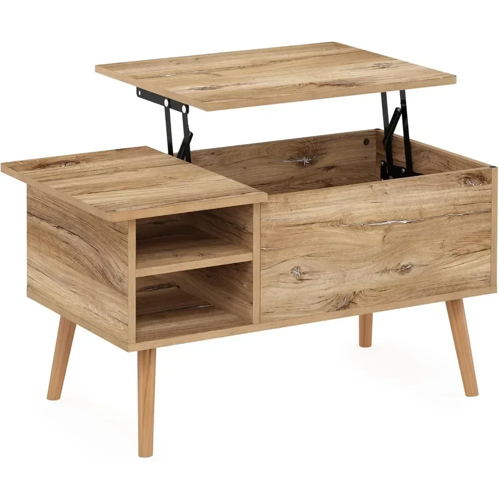 Wooden leg-raised top coffee table with hidden compartment and side-open living room storage shelves 5