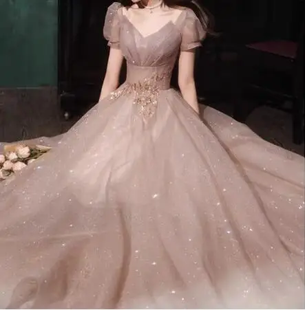 

Luxury Light Purple Pink Evening Dress V-Neck Puff Sleeve Sexy Backless Shiny Sequins A-Line Banquet Evening Party Prom Gown New