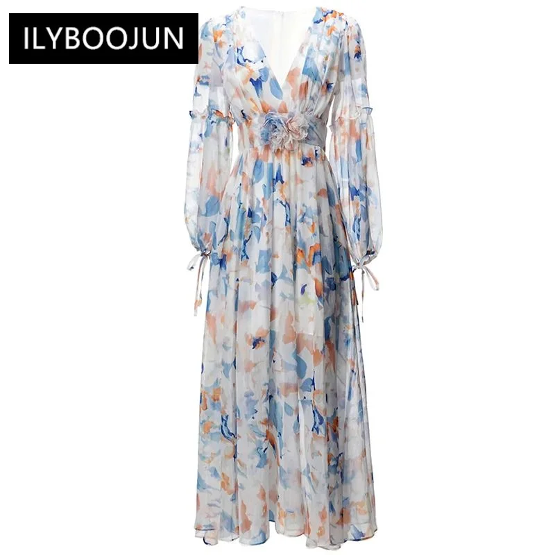 

Chiffon Long Dress Women V-Neck Lantern Sleeve Appliques Floral Print Bohemian Vacation Dresses For Women 2023 Luxury Brand High