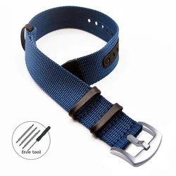 Versatile Canvas Nylon and Leather Watch Strap, Soft and Stylish - 22mm (Round Buckle-Blue)