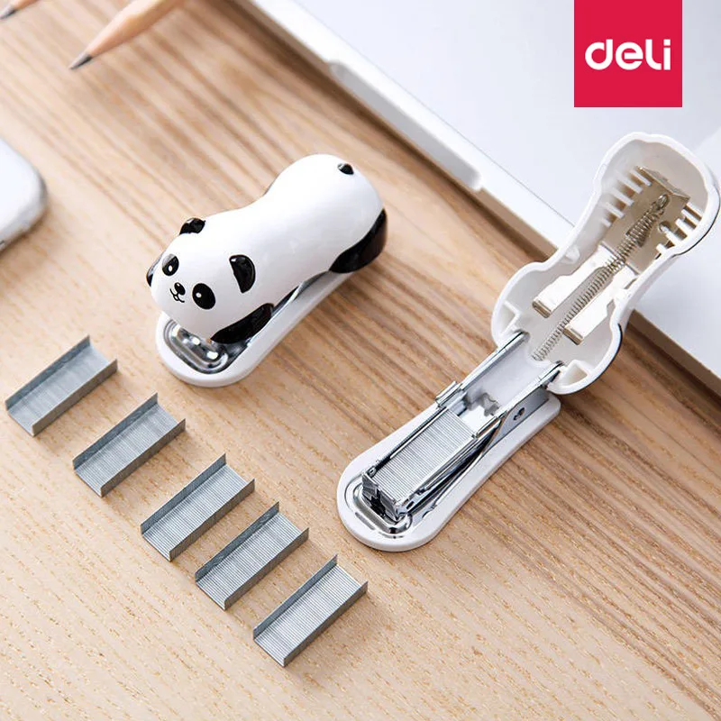 Mini Stapler Set Cartoon Panda Child Learning Stationery School Office Supplies Paper Clip Holder 1pc