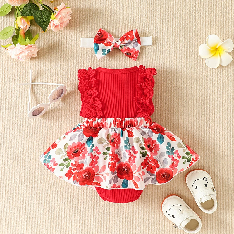 2pcs Infant Baby Girls Romper Dress Patchwork Flower Print Lace Sleeveless/Long Sleeve Crew Neck Front Bowknot Jumpsuit Headband girls dress baby jumpsuit baby girl dress