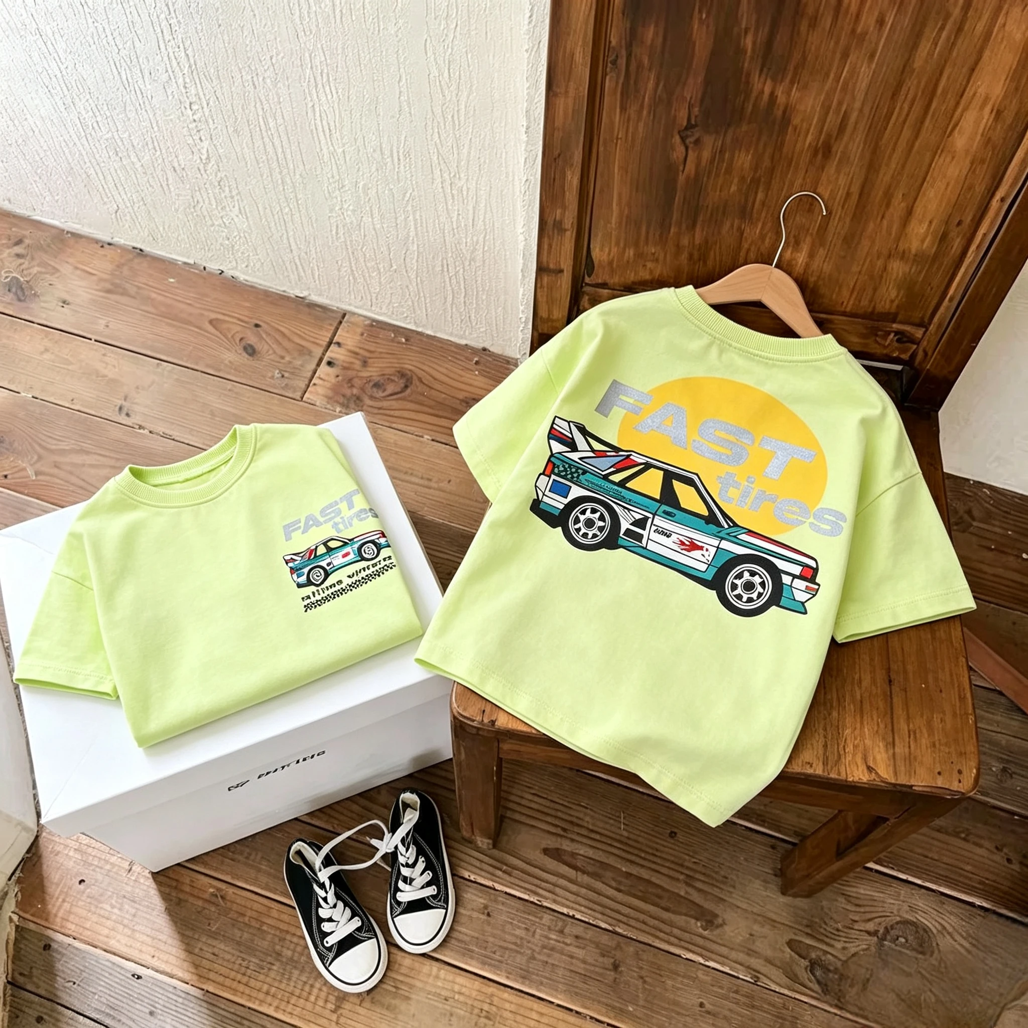 Toddler Fast Tires Race Car Print Double Sided T Shirt Boys Girls Cotton Short Sleeve Tee Trendy Racing Graphic Casual Kids Tops 5