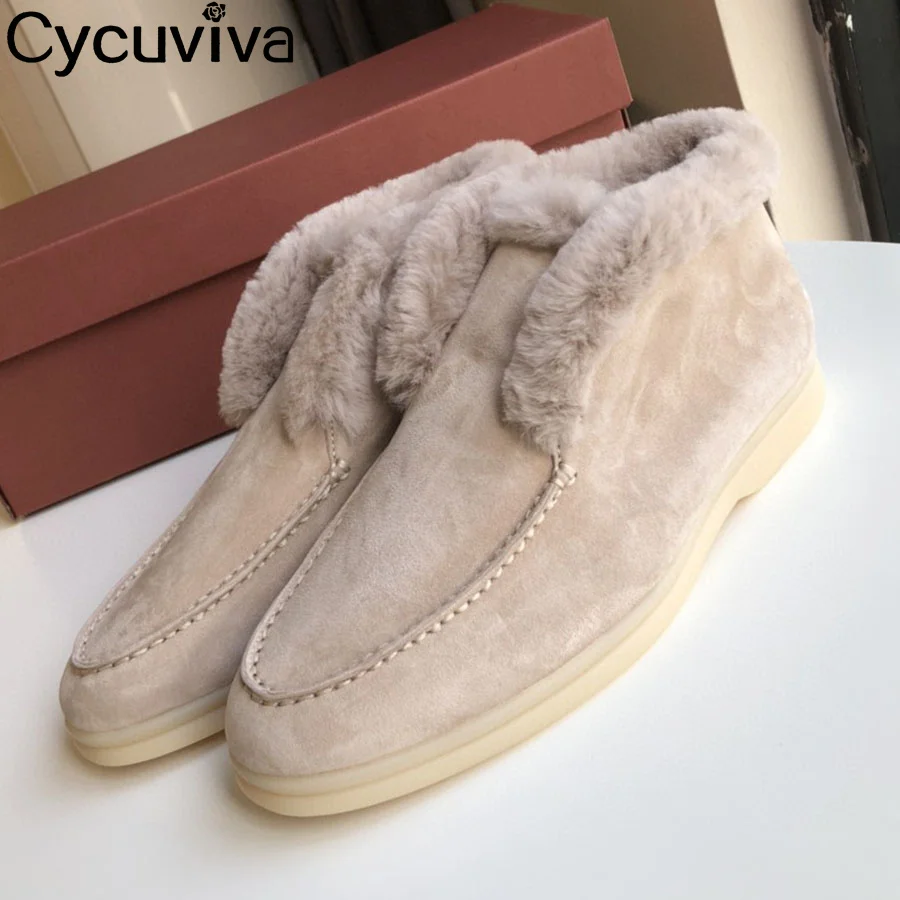 

Real Wool Snow Boots Women High Top Khaki Suede Flat Fur Flat Boots Ladies Winter Woolen Warm Casual Party Designer Ankle Boots