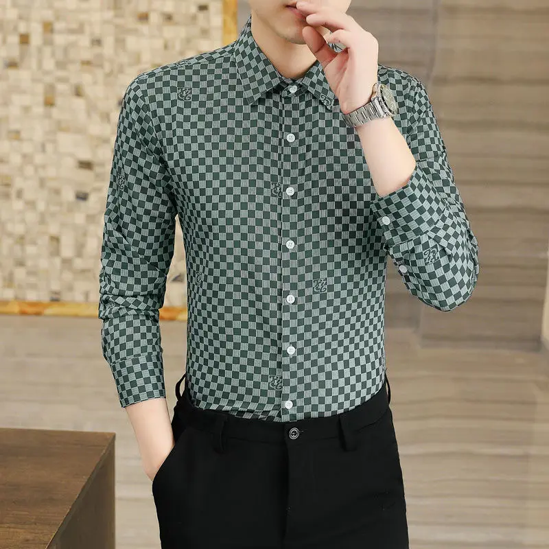 Spring and Autumn Men's Polo Collar Single Breasted Solid Cardigan Geometric Printed Long Sleeve Plaid Contrast Tee Shirt Tops