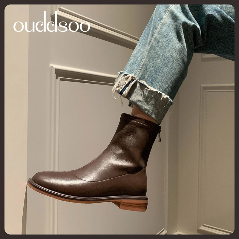 

ODS Women Boots Shoes 2023 Ankle Boots Casual Shoes Solid Zipper Med Thick Heel Square Toe Ladies Footwear Zapatillas Mujer Hot