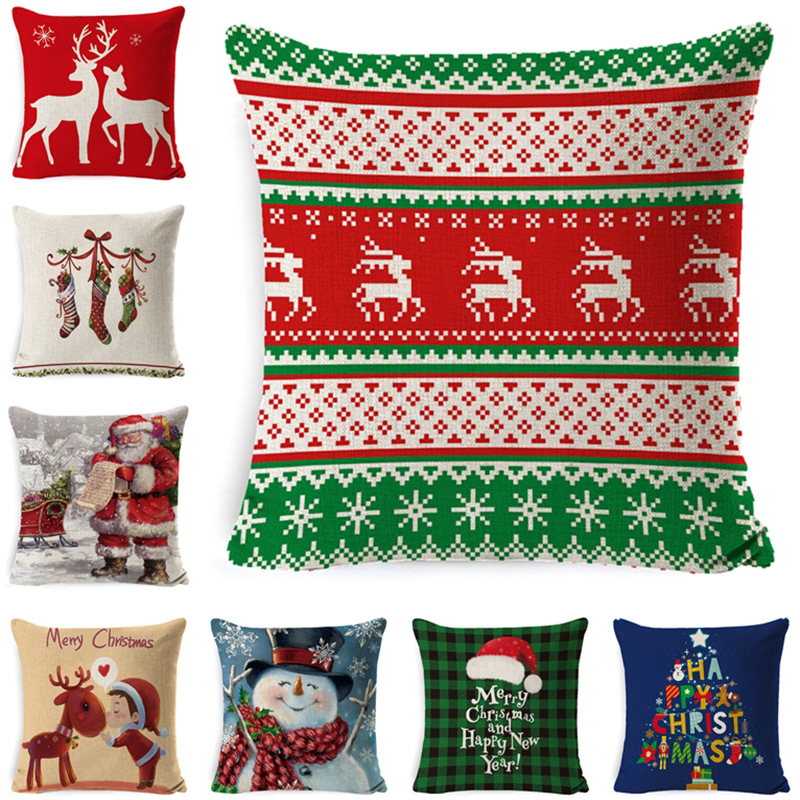 Classical Christmas Pillow Cover Linen 2 Sided Printed Decorative Pillows For Sofa Cushions Holiday Square Pillowcase 45x45cm