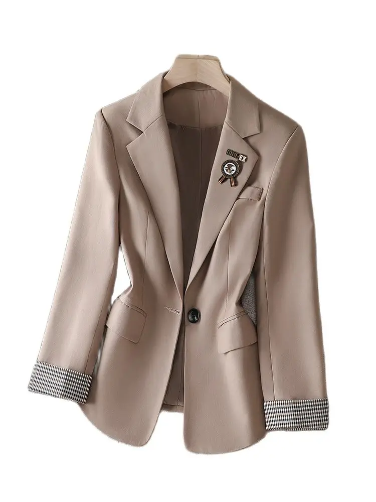 

Women Casual Blazer Autumn Ladies Long Sleeve Contrast Color Single Button Solid Jacket Female Office Streetwear Woman Work Wear