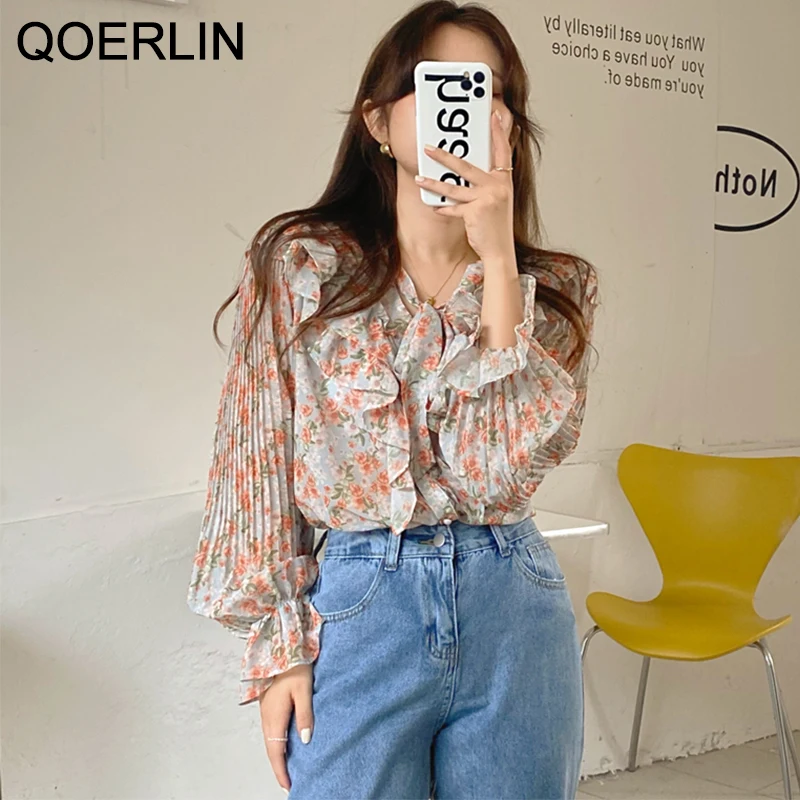 

QOERLIN Korean Sweet Elegant Ladies Floral Ruffled Lace-Up Shirts Folded Flare Sleeve Single-Breasted Button Blouse