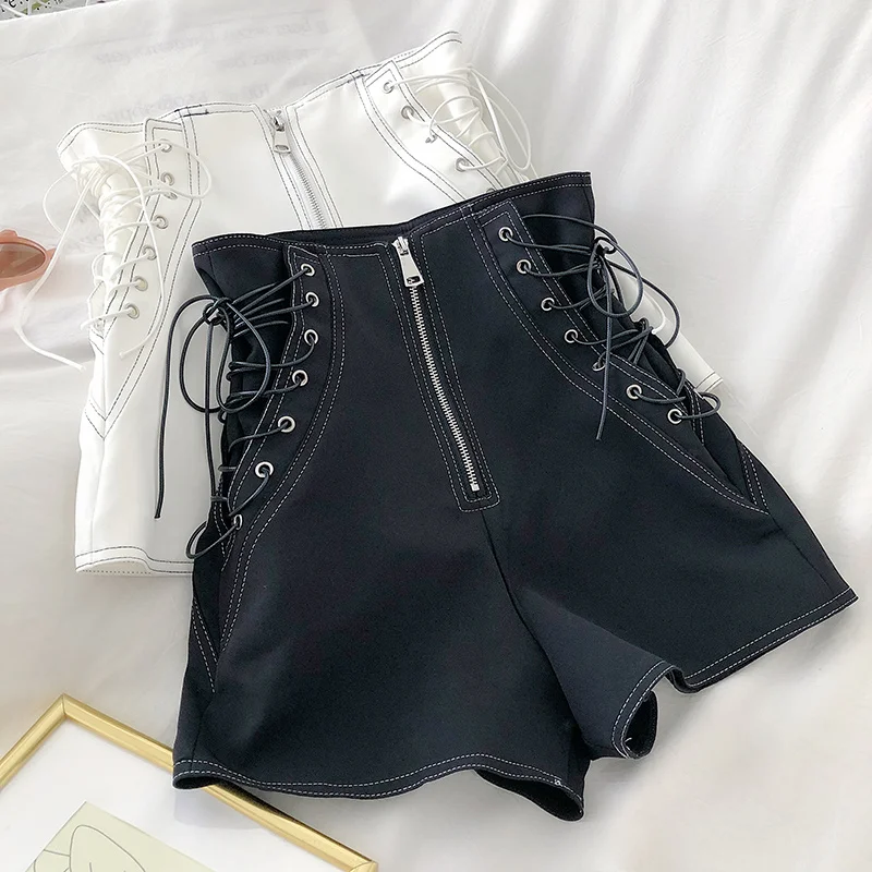 mom shorts Casual High Waist Leg Female Denim Korean Fashion Pants Summer Straight Bandage Zipper Wide Casual Punk Womens Shorts burberry shorts