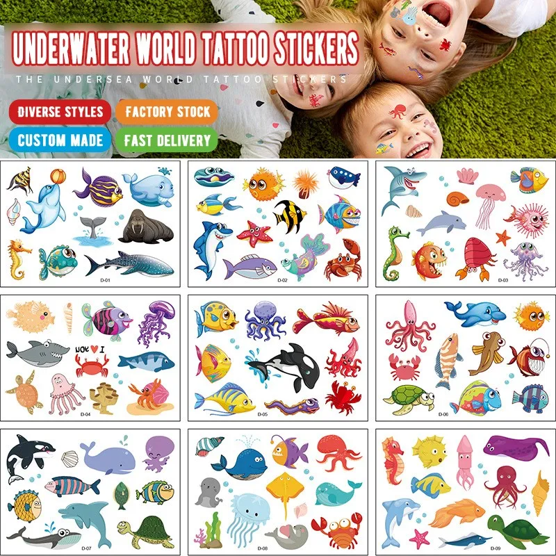 12 Underwater World Children's Cartoon Tattoo Stickers Cute 3D Sea Animal Party Gift Temporary Stickers
