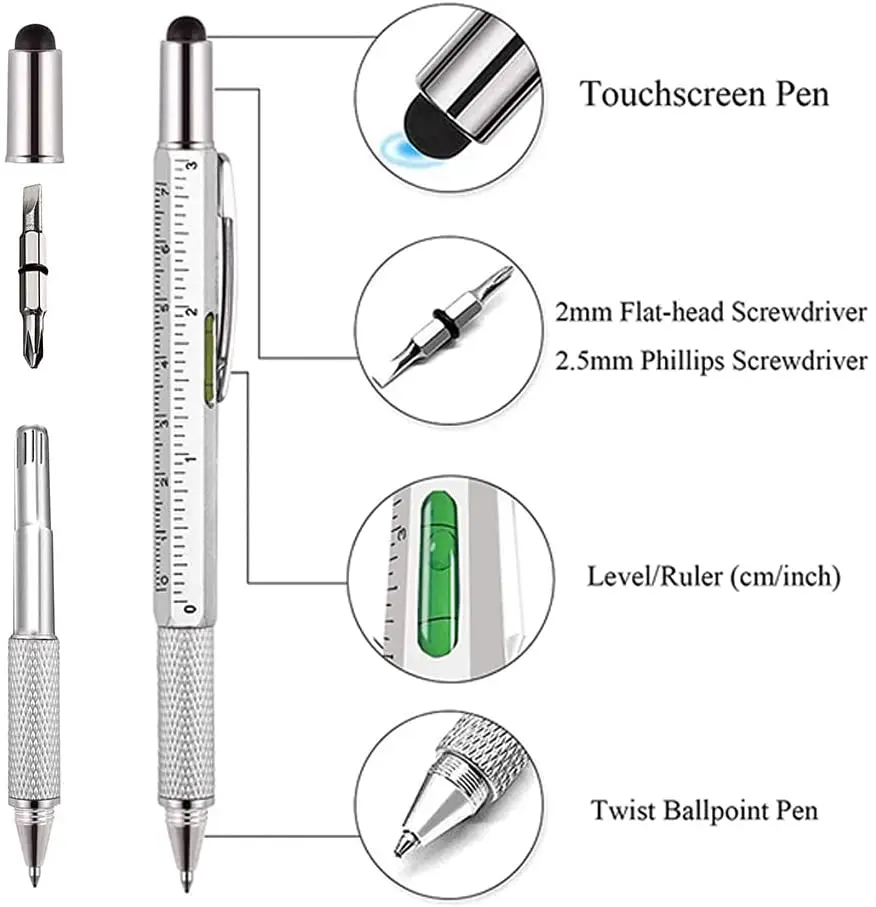Multi-Function Ballpoint Pen Modern Handheld Tool Measure Technical Ruler Screwdriver Touch Screen Stylus Spirit Level
