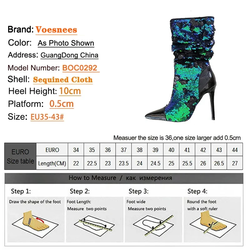 Fashion Women Sequined Ankle Boots 10CM Thin Heel Party Woman Shoes Big Size Pointed Toe Short Boot Zip High Heels Female Botas