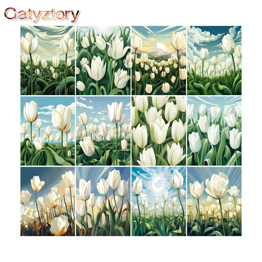 

GATYZTORY Oil Painting By Numbers White Tulip DIY On Canvas Drawing Acrylic Paint Pictures Of Coloring By Number Home Decoration