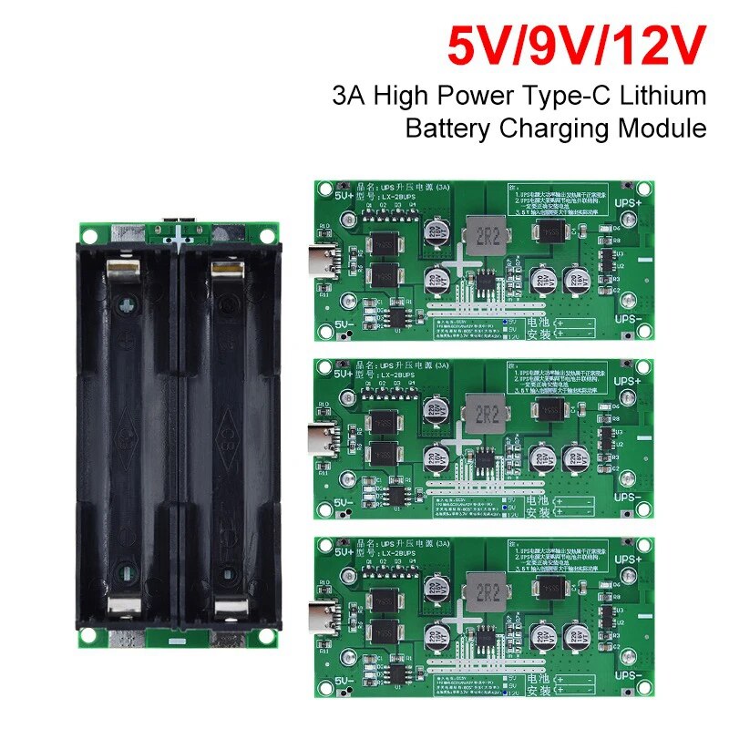  TZT Type-C 15W 3A Fast Charge UPS Power Supply / 18650 Lithium Battery Charger Module DC-DC Step Up Booster Converter 5V 9V 12V 