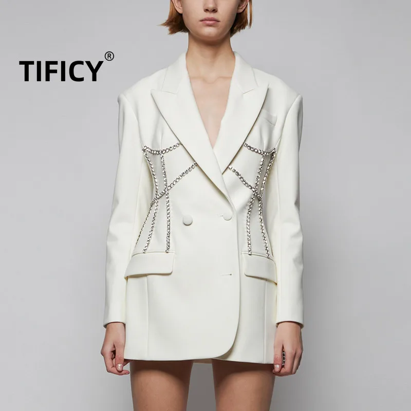 TIFICY Spring and Autumn Light Luxury Rhinestone Decoration Women's Blazer Coat Mid Length Fashionable Waist Small Suit