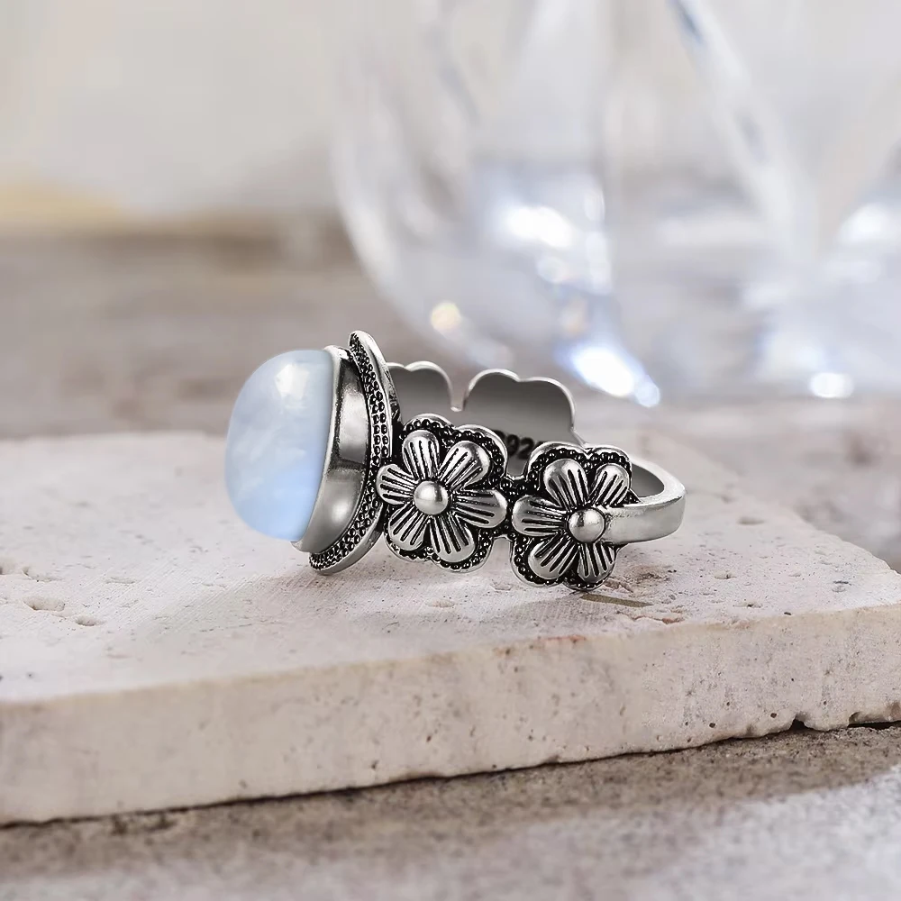 Vintage 925 Sterling Silver Moonstone Ring with 8*10MM Natural Stone Small Flower Shape Retro Rings Fine Jewelry For Women 3