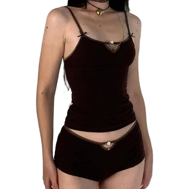 

Women Sexy 2 Piece Set Loungewear Spaghetti Strap Camisole Crop Tops + Shorts Fairy Coquette Y2K 00s Retro Kawaii Outfits
