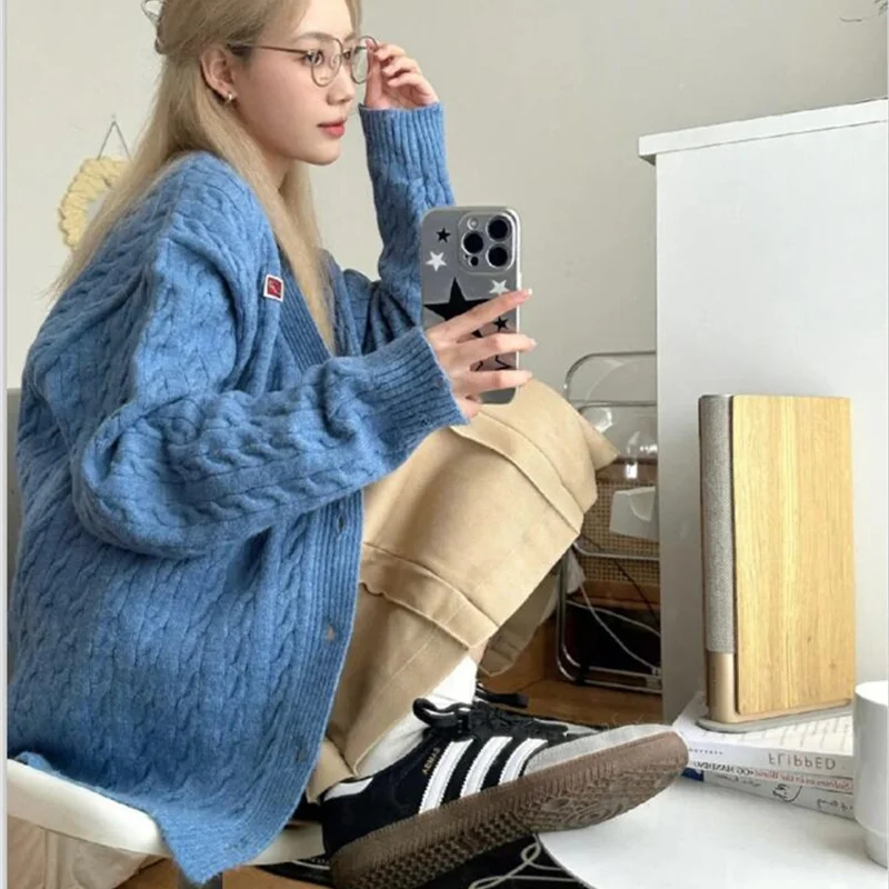 

Korean Fashion Blue Twisted Sweater Women Loose Single Breasted Solid Cardigan College Autumn Casual Knitted Jacket New