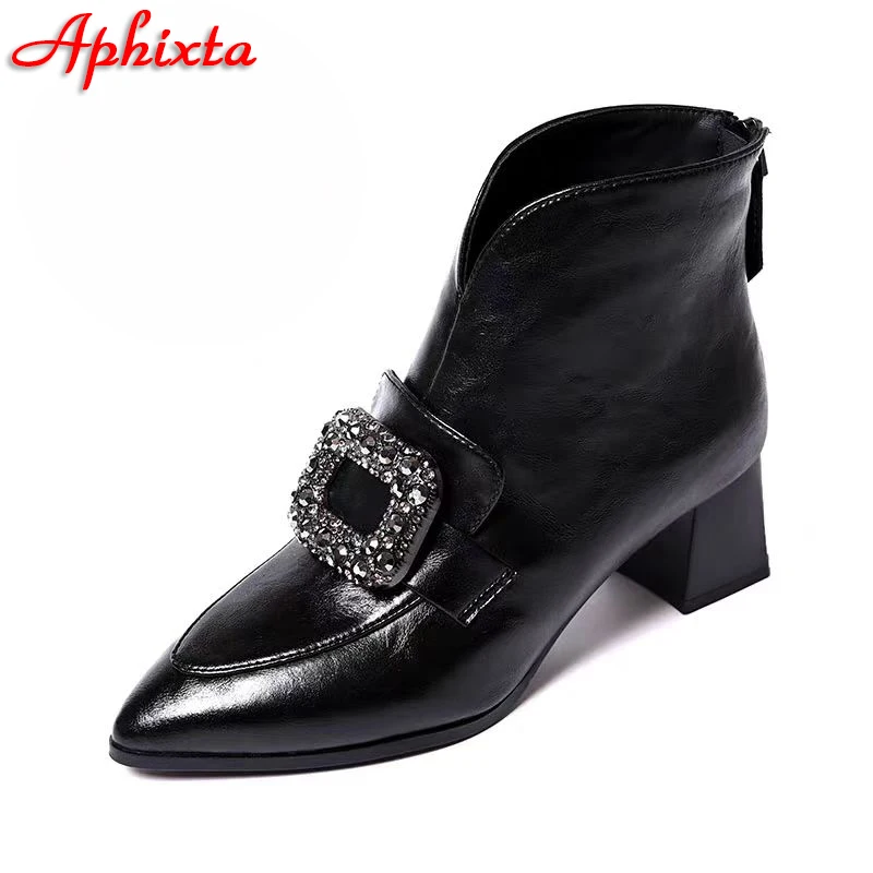 Aphixta Square Heels Crystals Buckle Ankle Boots High Quality Woman Shoes Winter Back Zipper Modern Brown Black  Boot s