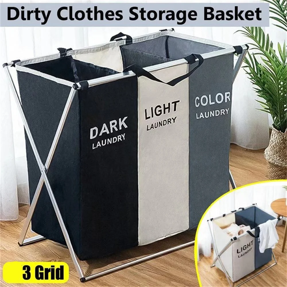 3 Grids Laundry Basket Foldable Dirty Clothes Organizer Bathroom Waterproof Storage Basket Large Laundry Hamper Three Grids New