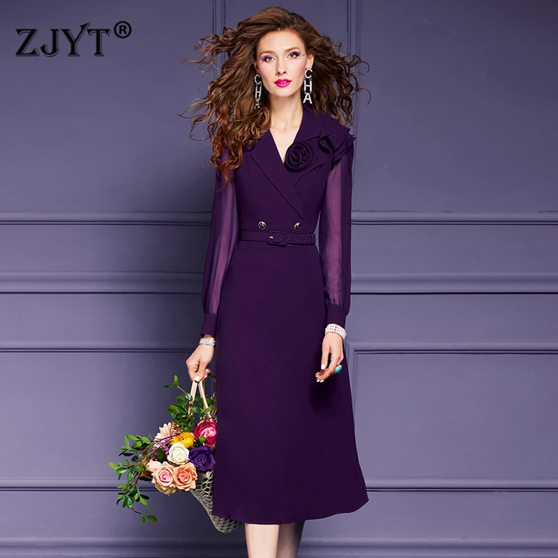 

ZJYT Elegant Office Lady Blazer Dress Women Spring Long Sleeve Midi Dress Formal Party Robe Plus Size Female Clothing Purple