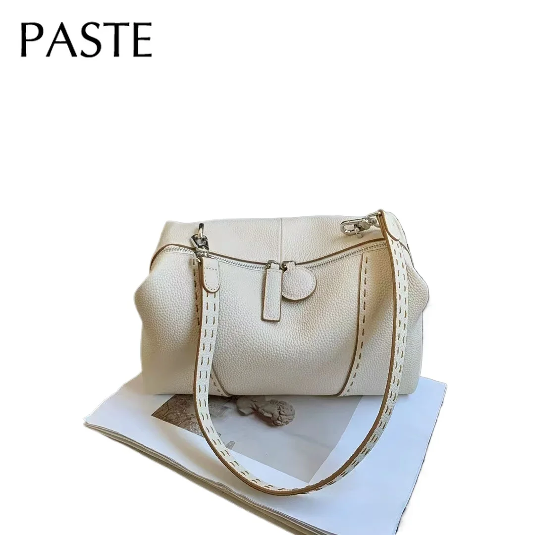 New Simple Handmade Stitch Sewing Design Pillow Tote Grey Beige Color Thick Cow Leather Women Handbag Long Handle Armpit Purse