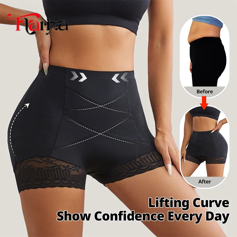 Flarixa Lace Safety Pants Cross Tummy Control Shorts For Women Underpants High Waist Shapewear Stretch Hip Lifting Panties M-3XL